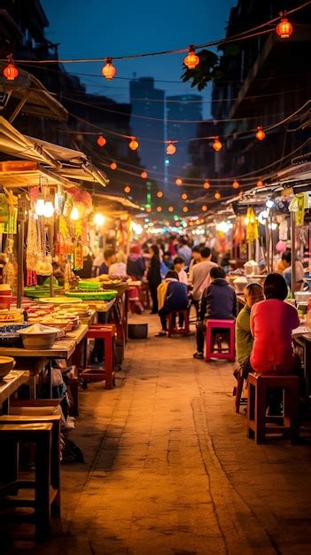 A bustling night market with street food vendors night market bustling ...