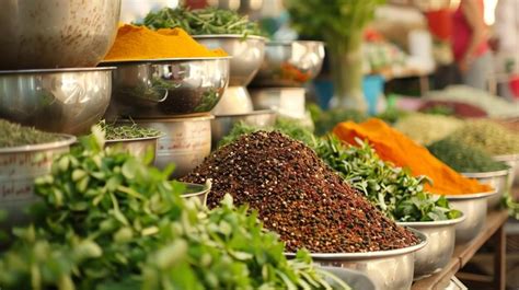 A vibrant display of spices and herbs at a market stall | Premium AI ...