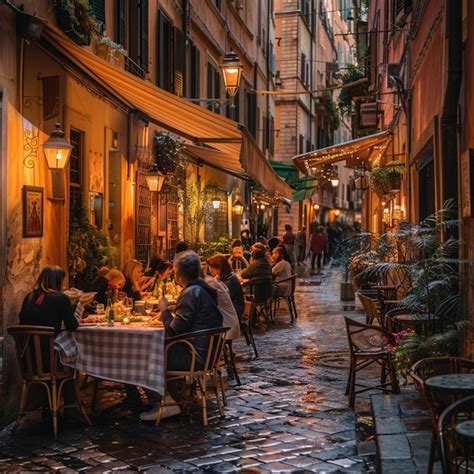 Charming narrow alleyway filled with warm lights inviting diners ...