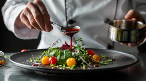 A chefs hand is drizzling sauce over a meticulously arranged gourmet ...