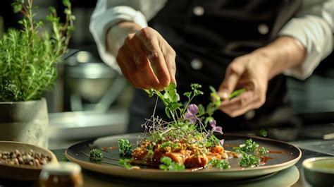 Premium Photo | A chef carefully garnishes a plate of food with fresh ...