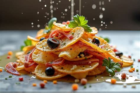 Gourmet Nachos with Olives, Pepperoni, and Cheese with Fresh Herb ...