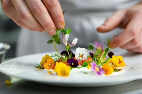 Chef garnishing a dish with edible flowers | Premium AI-generated image
