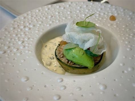 Gourmet Plated Dish with Herb Foam, Green Mousse, and Delicate Garnish ...