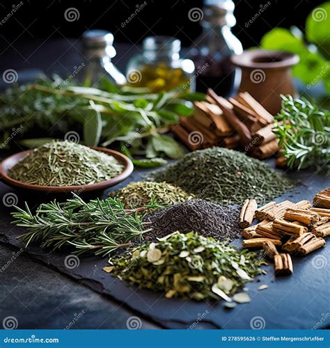 Freshly Cut Herbs on Black Granite Counter Stock Illustration ...