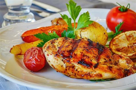 A Plate of Grilled Chicken and Roasted Vegetables Served on a Clean ...