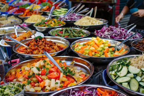 A vibrant selection of street food dishes arranged in silver bowls at a ...