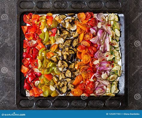 Baked Vegetables on a Baking Sheet. Stock Image - Image of view, tomato ...