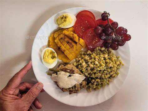 Overhead food flat lay home-cooked meal on white countertop. Stock ...