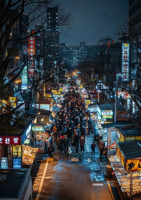 Bustling Night Market Scene Filled With Food Stalls And Crowds ...