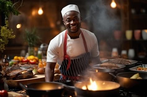 Premium AI Image | African male young chef is working in the big ...