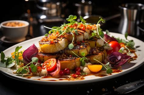 Beautifully Plated Vegan Dish, Vibrant Colors and Textures Stock ...