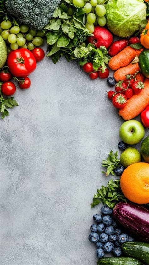 Fresh Assortment of Colorful Fruits and Vegetables Displayed on Gray ...