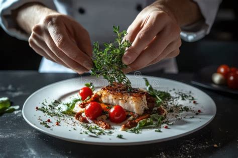 Chef Garnishing a Beautifully Plated Fish Dish with Fresh Herbs and ...
