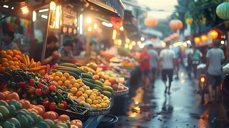 Bustling Street Food Market Colorful Stalls and Vibrant Atmosphere in ...