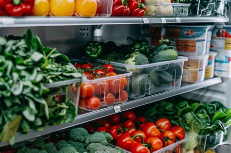 Fresh Vegetables and Fruits Organized in Refrigerator Shelves Stock ...