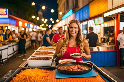 Premium Photo | A woman eating food in a street market