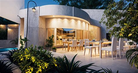 modernist exterior shot luxury outdoor restaurant with the bar counter ...
